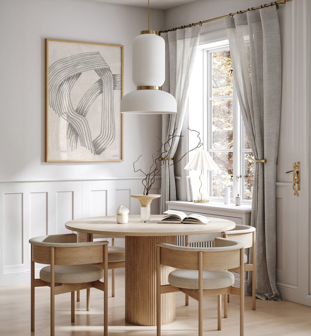 Modern dining area featuring the ABSTRACT GREY INTERSECTIONS 01 artwork, showcasing intricate grey patterns.