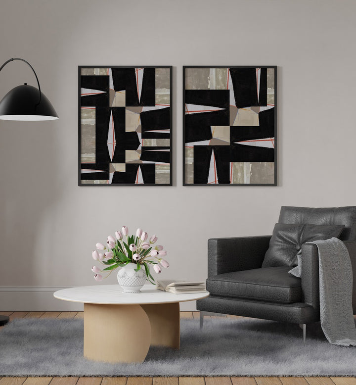 ABSTRACT JIGSAW SET , SET OF 2 PAINTINGS