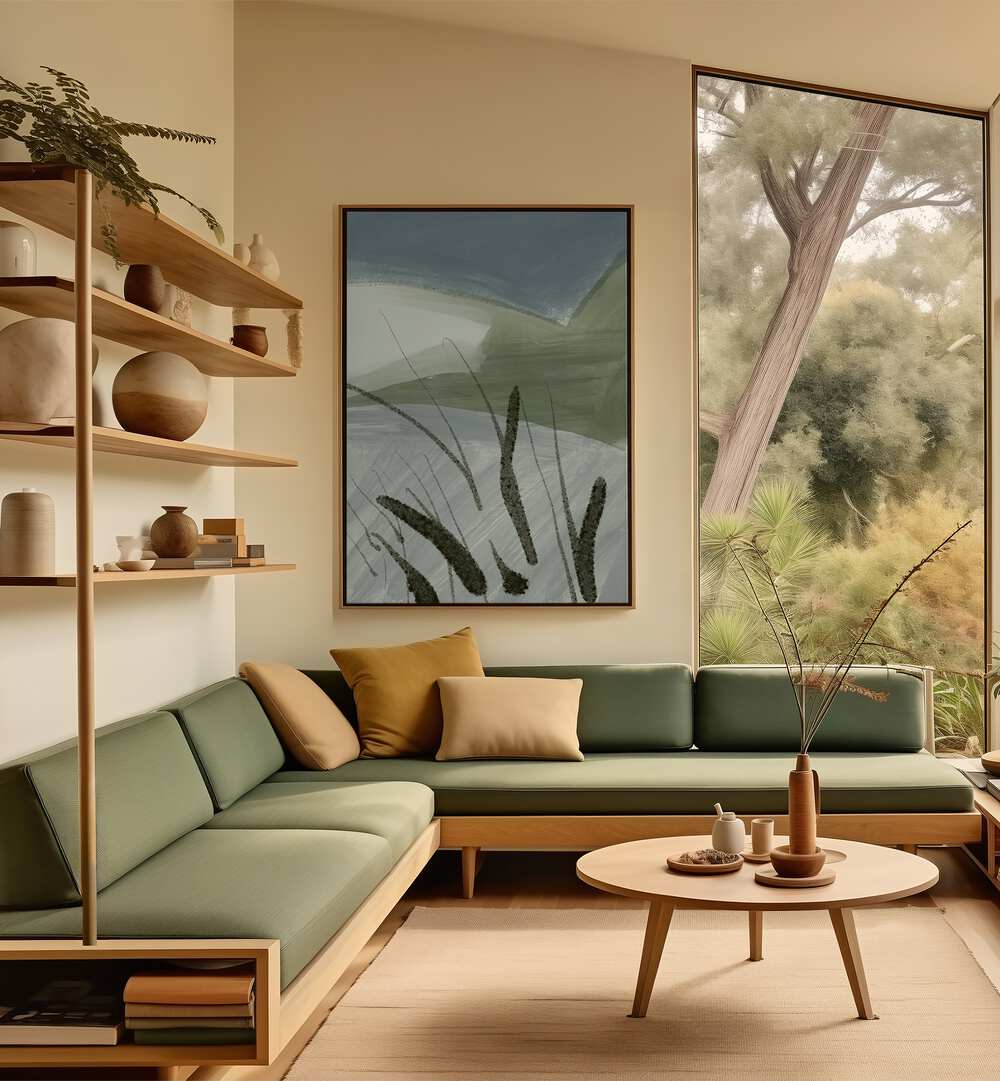 Stylish living room featuring ABSTRACT LAND SHAPES, ABSTRACT PAINTINGS complementing modern decor.