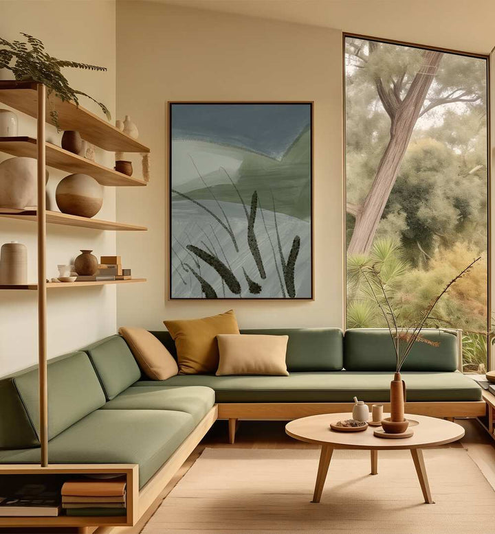 Stylish living room featuring ABSTRACT LAND SHAPES, ABSTRACT PAINTINGS complementing modern decor.