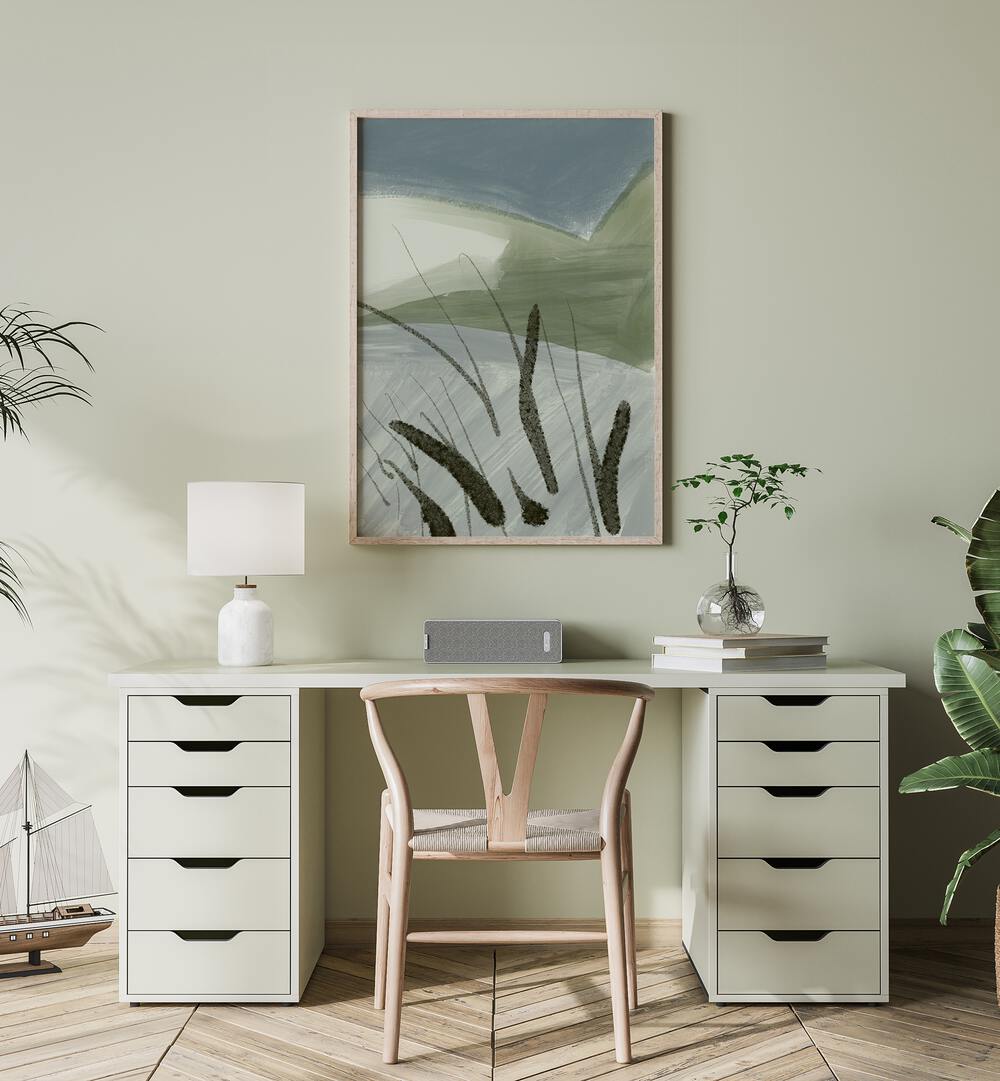 Stylish workspace featuring ABSTRACT LAND SHAPES, ABSTRACT PAINTINGS on the wall, enhancing the serene decor.