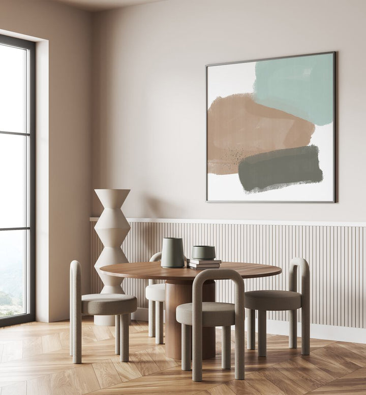 Stylish dining area featuring ABSTRACT SHAPES NO III, ABSTRACT PAINTINGS, enhancing modern decor with elegant colors.