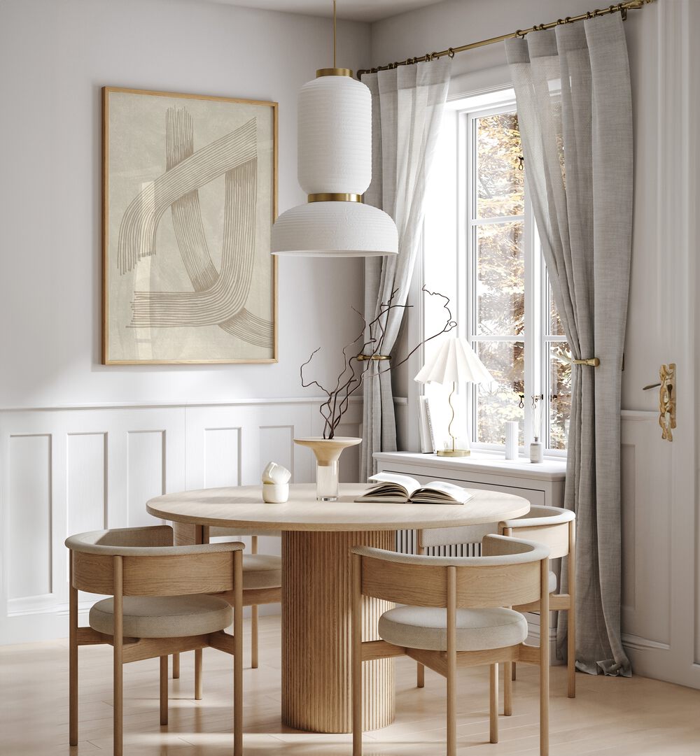 Elegant dining area featuring the ABSTRACT SOPHISTICATED LINE 01 art piece, enhancing modern home décor with style.
