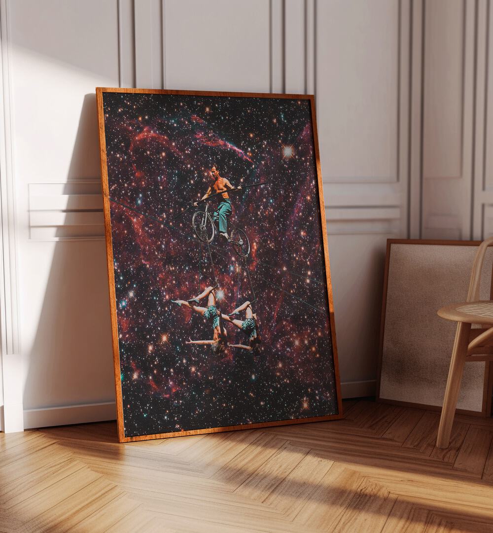 Acrobatics In Space Surreal Painting Artwork Placed on a wall In A Living Room 