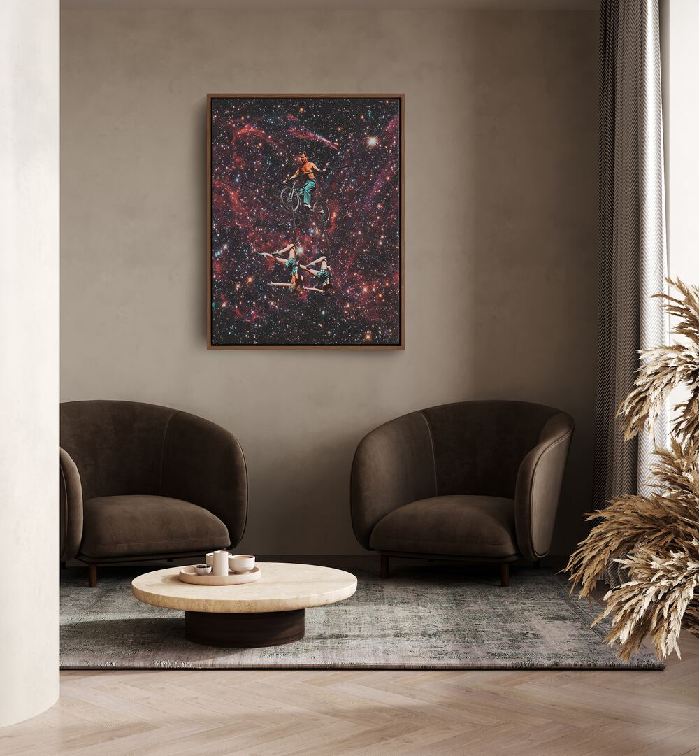 Acrobatics In Space Surreal Painting Artwork Placed on a wall In A Living Room