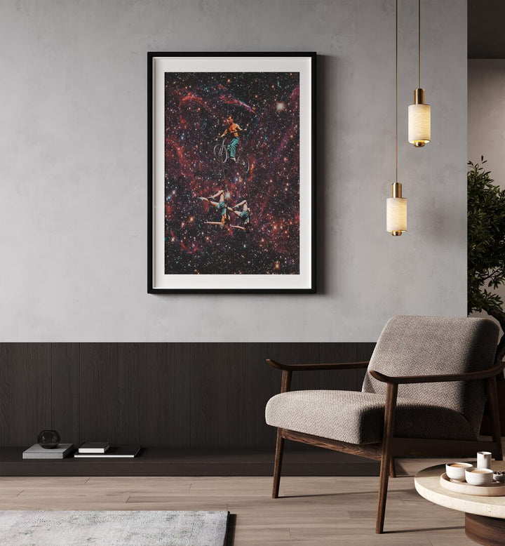 Acrobatics In Space Surreal Painting Artwork Placed on a wall In A Living Room 