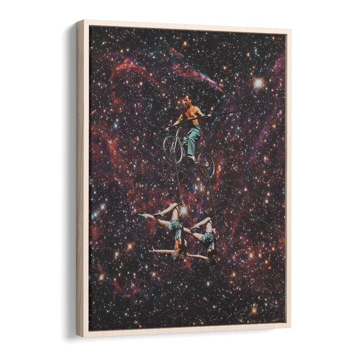 Acrobatics In Space Surreal Painting Artwork in Oak Wood Floater Frame