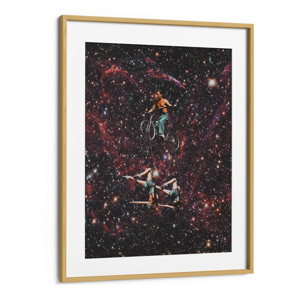 Acrobatics In Space Surreal Painting Artwork in Oak Wood Frame With Mount
