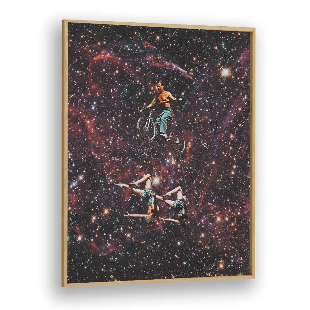 Acrobatics In Space Surreal Painting Artwork in Oak Wood Plain Frame