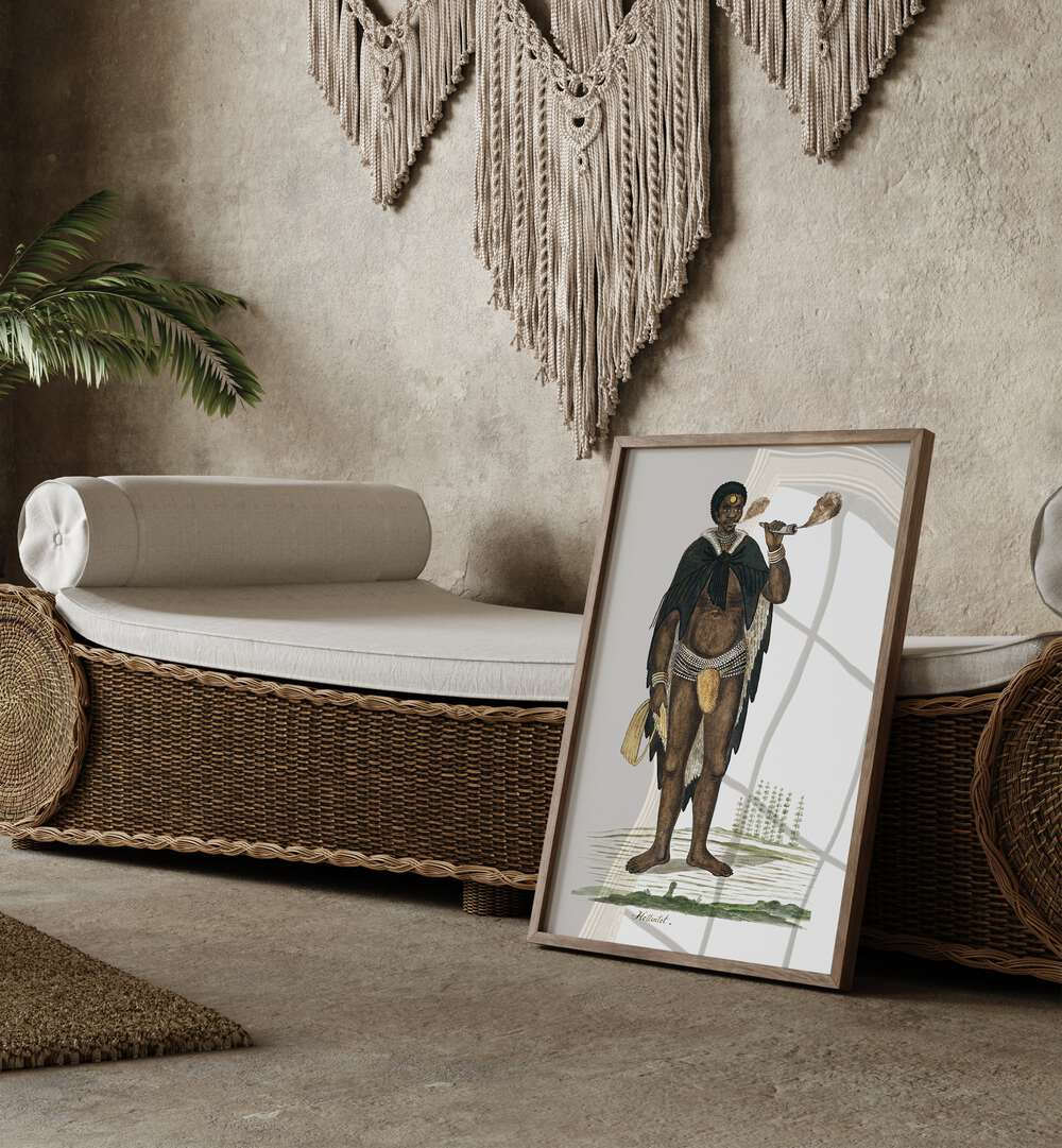 African Tribal African Art Painting Artwork in plain oakwood frame beside a sofa