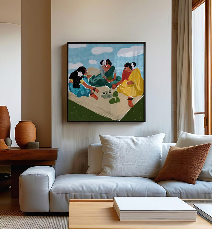 Afternoon Picnic By Shreya Roy Chowdary, Indian Art Paintings Artwork in Black Plain Frame placed on a Cream Colored Wall near a White Sofa in the Living Room