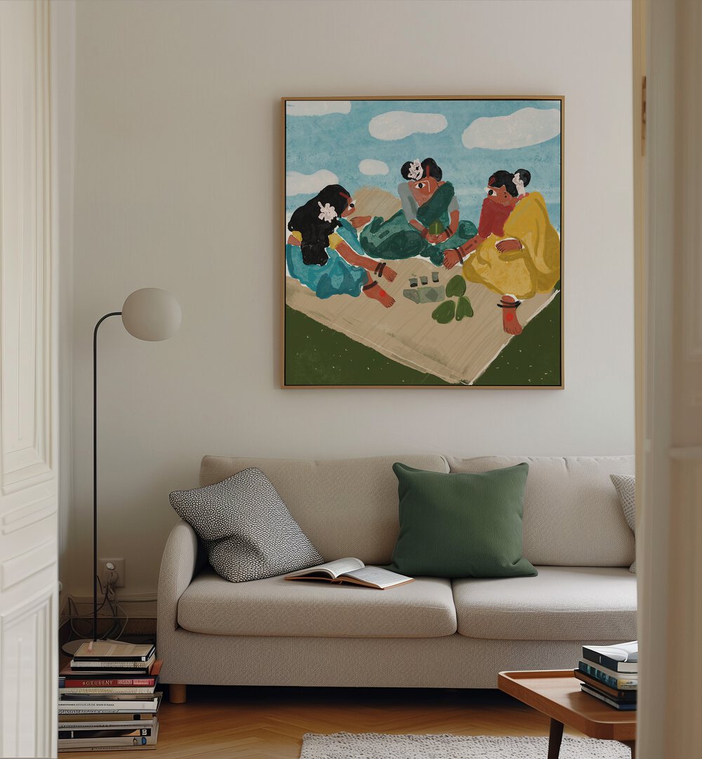 Afternoon Picnic By Shreya Roy Chowdary, Indian Art Paintings Artwork in Oak Wood Floater Frame placed on a Cream Colored Wall near a Beige Sofa in the Living Room