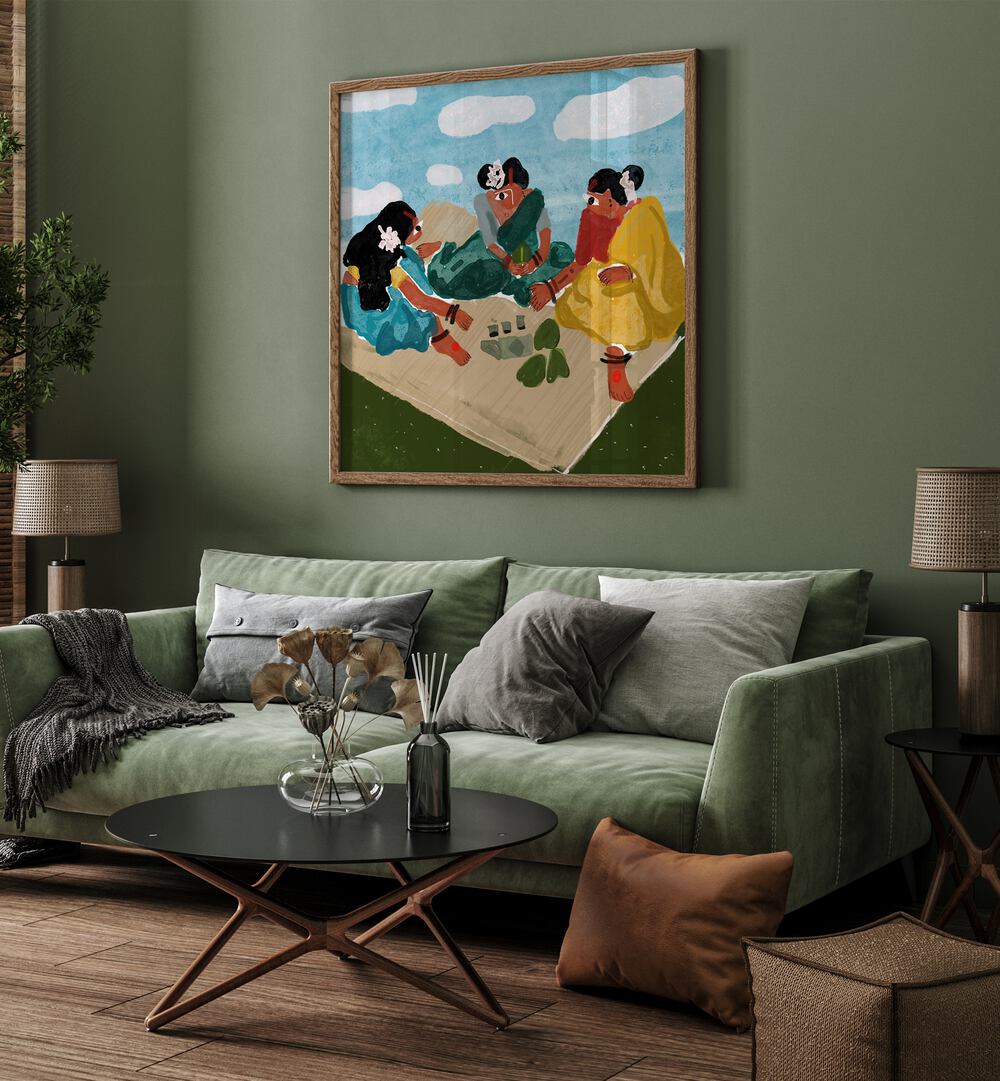 Afternoon Picnic By Shreya Roy Chowdary, Indian Art Paintings Artwork in Oak Wood Plain Frame placed on a Green Colored Wall near a Green Sofa in the Living Room