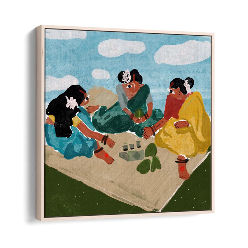 Afternoon Picnic By Shreya Roy Chowdary, Indian Art Paintings Artwork in Oak Wood Floater Frame
