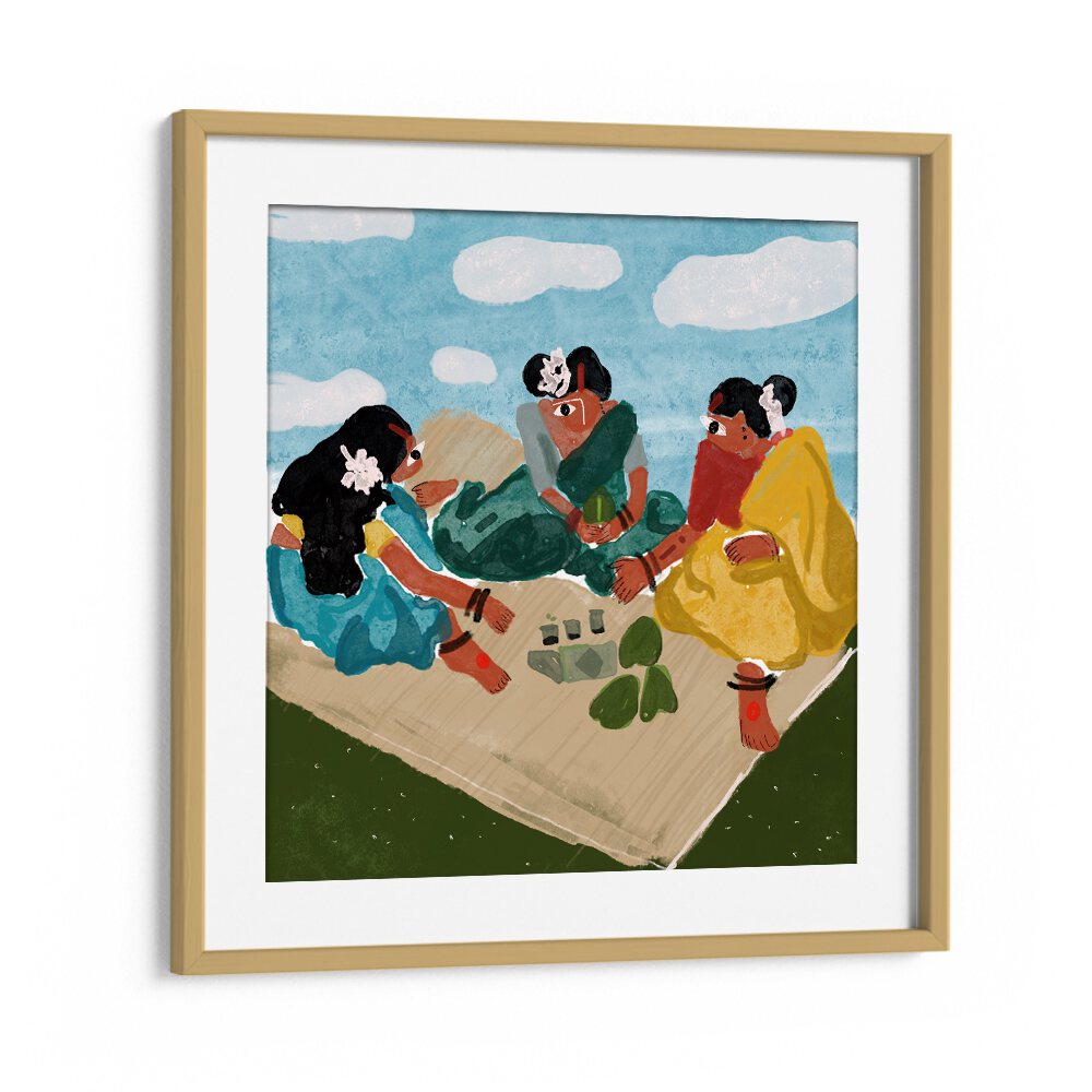 Afternoon Picnic By Shreya Roy Chowdary, Indian Art Paintings Artwork in Oak Wood Frame With Mount
