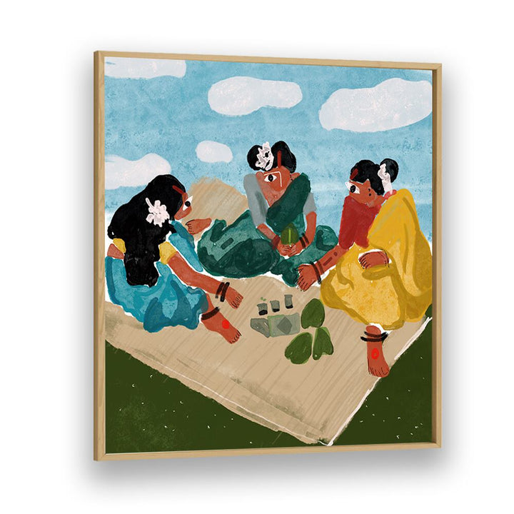 Afternoon Picnic By Shreya Roy Chowdary, Indian Art Paintings Artwork in Oak Wood Plain Frame
