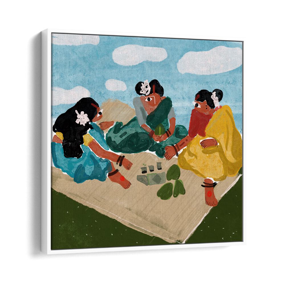 Afternoon Picnic By Shreya Roy Chowdary, Indian Art Paintings Artwork in White Floater Frame
