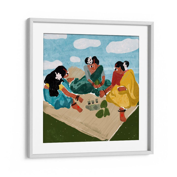 Afternoon Picnic By Shreya Roy Chowdary, Indian Art Paintings Artwork in White Frame With Mount
