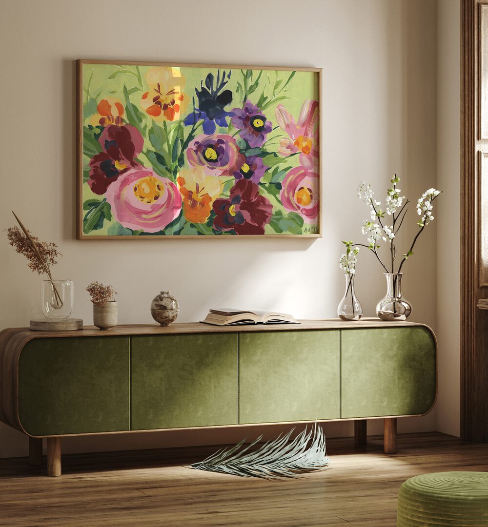 All Shades Of Violet Bouquet By Ania Zwara Botanical art painting Artwork Placed on a wall