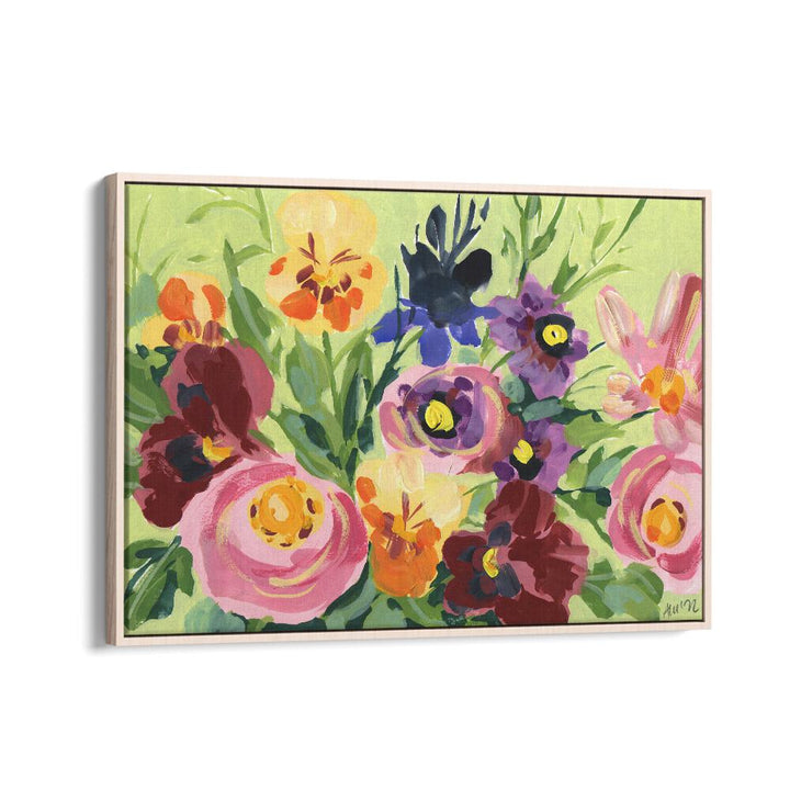 All Shades Of Violet Bouquet By Ania Zwara Botanical art painting Artwork in Oak Wood Floater Frame