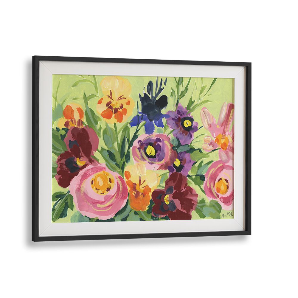 All Shades Of Violet Bouquet By Ania Zwara Botanical art painting Artwork  in Black Frame With Mount