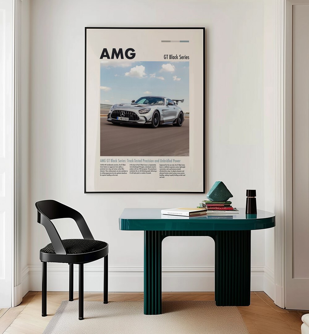 AMG GT Black Series Car Posters Automotive Wall Art Prints in Black Plain Frame placed on a Cream Colored Wall near a Study Table in a Workspace in the Drawing Room