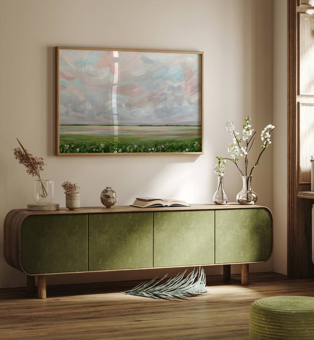 Elegant interior featuring AMONGST THE WILDFLOWERS, LANDSCAPE PAINTINGS, showcasing vibrant nature-inspired art.