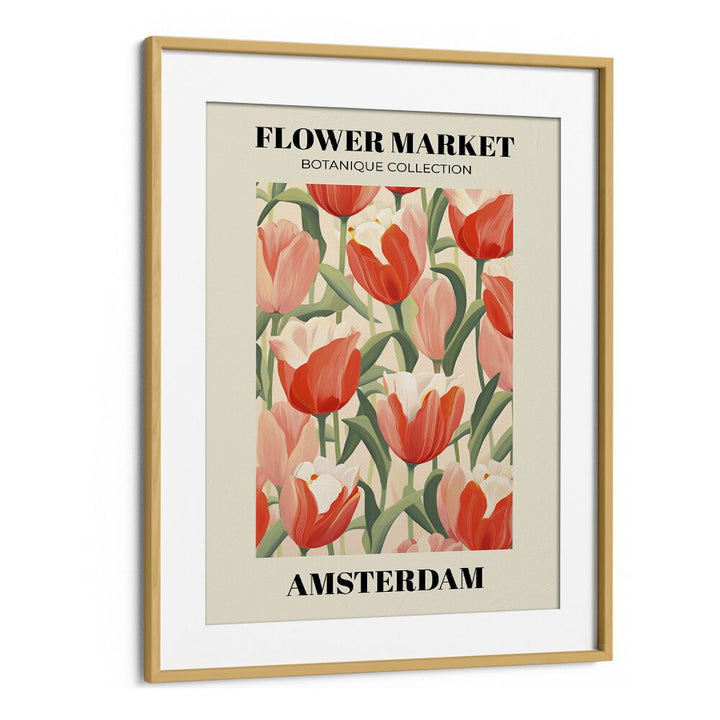 Amsterdam Flower Marketo   Botanical Flower Paintings Artwork in Oak Wood Frame With Mount