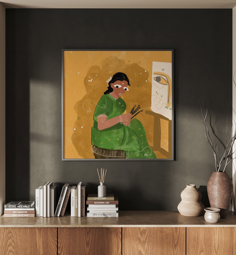 An Artist By Shreya Roy Chowdary, Indian Art Paintings Artwork in Black Plain Frame placed on a Dark Grey Colored Wall placed above a Console Table in the Drawing Room