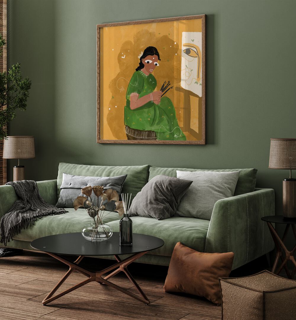 An Artist By Shreya Roy Chowdary, Indian Art Paintings Artwork in Oak Wood Plain Frame placed on a Green Colored Wall near a Green Sofa in the Living Room