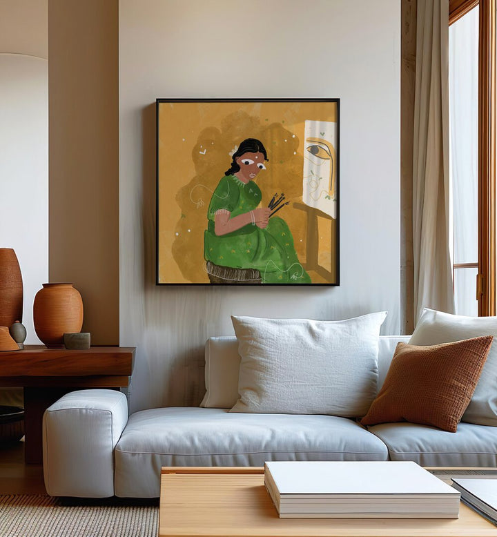 An Artist By Shreya Roy Chowdary, Indian Art Paintings Artwork in Black Plain Frame placed on a Cream Colored Wall near a White Sofa in the Living Room