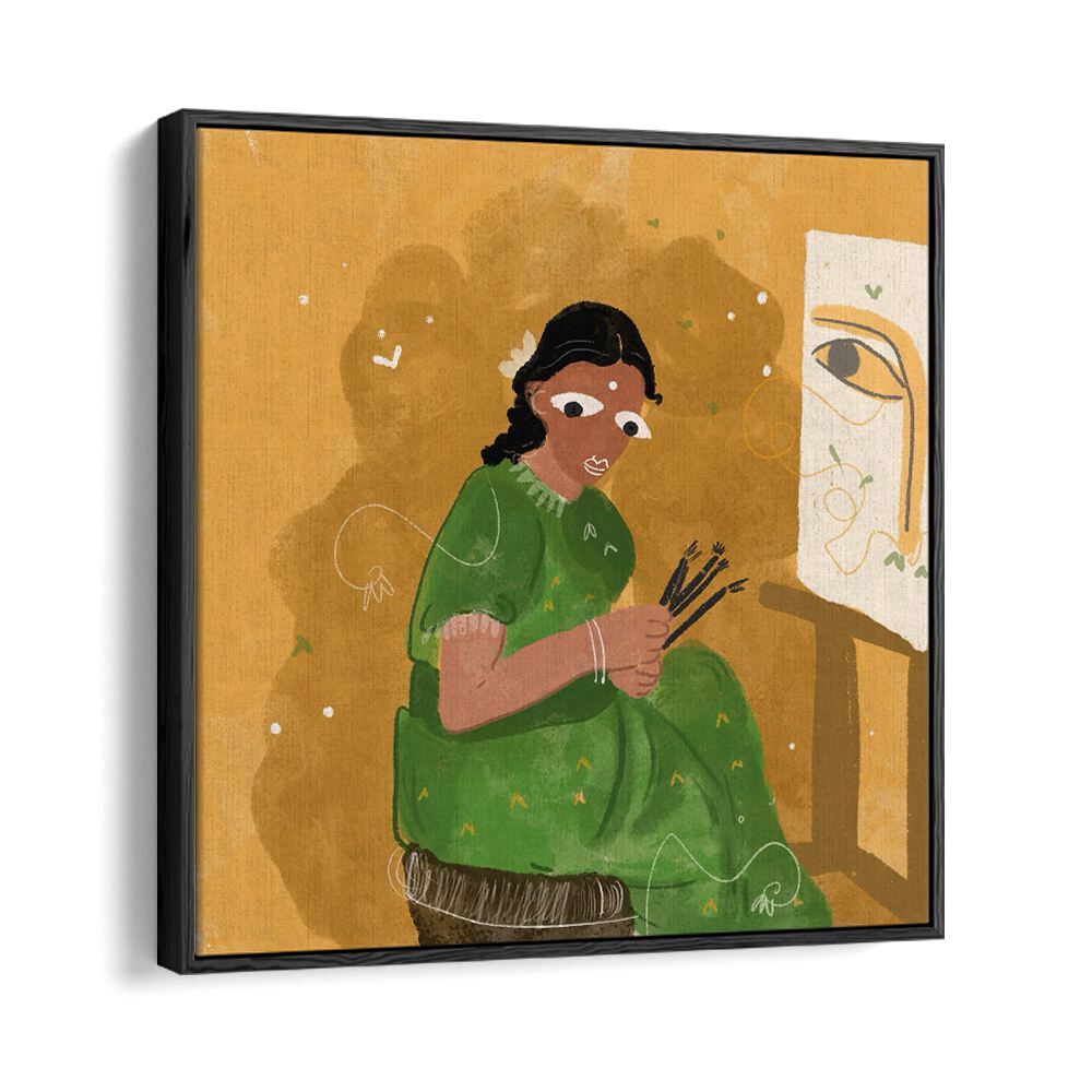 An Artist By Shreya Roy Chowdary, Indian Art Paintings Artwork in Black Floater Frame
