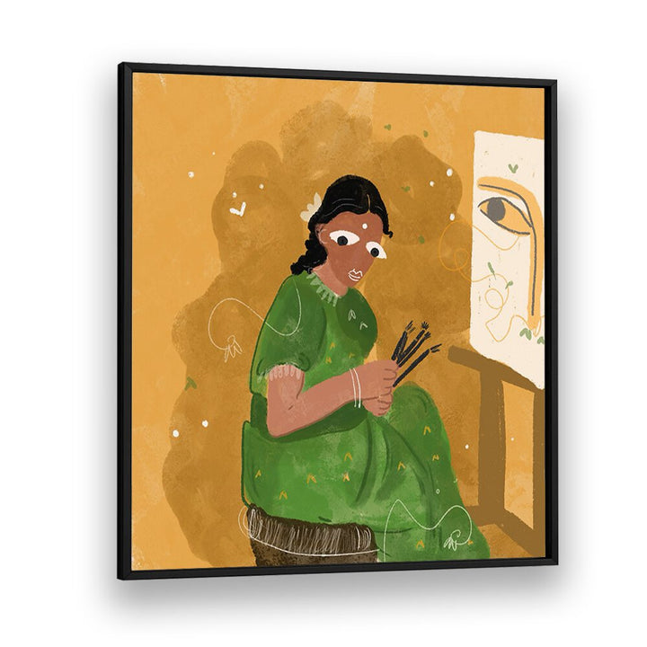 An Artist By Shreya Roy Chowdary, Indian Art Paintings Artwork in Black Plain Frame
