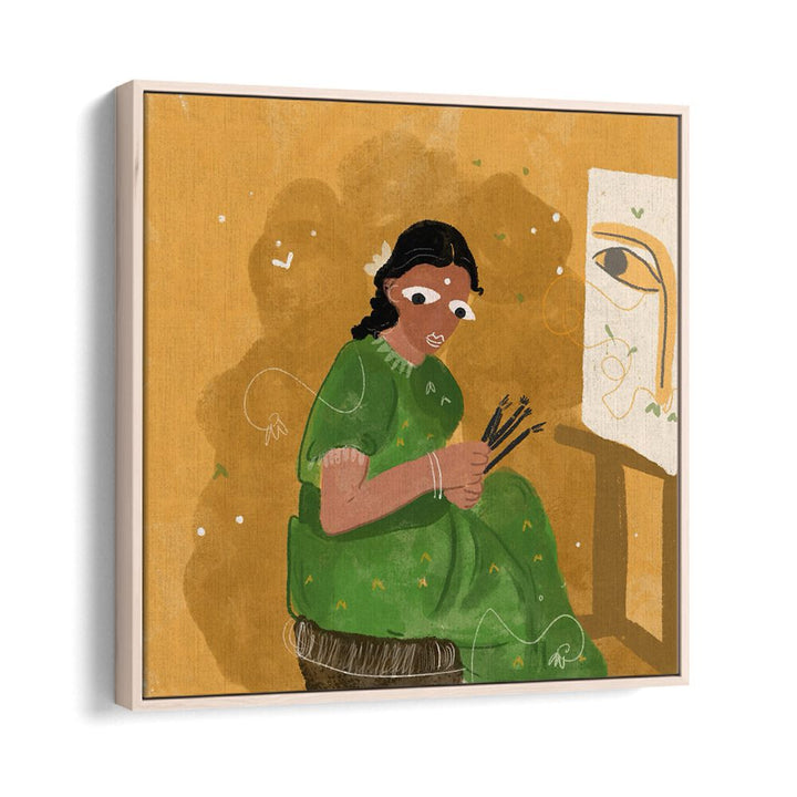 An Artist By Shreya Roy Chowdary, Indian Art Paintings Artwork in Oak Wood Floater Frame
