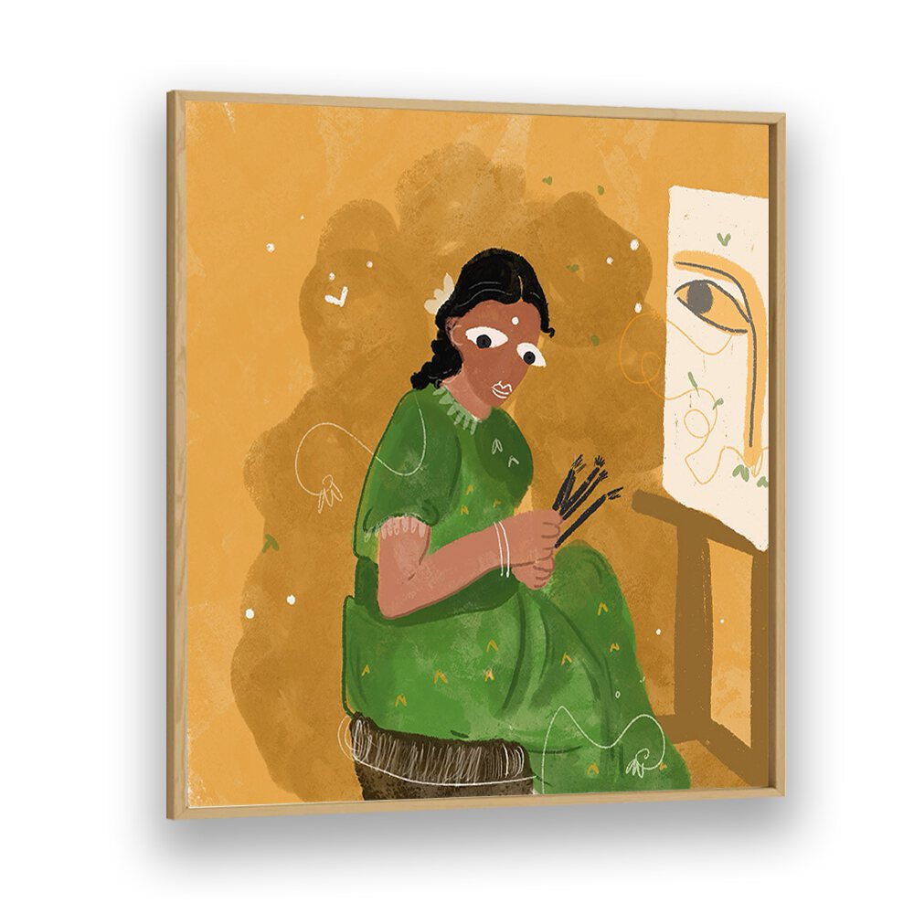 An Artist By Shreya Roy Chowdary, Indian Art Paintings Artwork in Oak Wood Plain Frame
