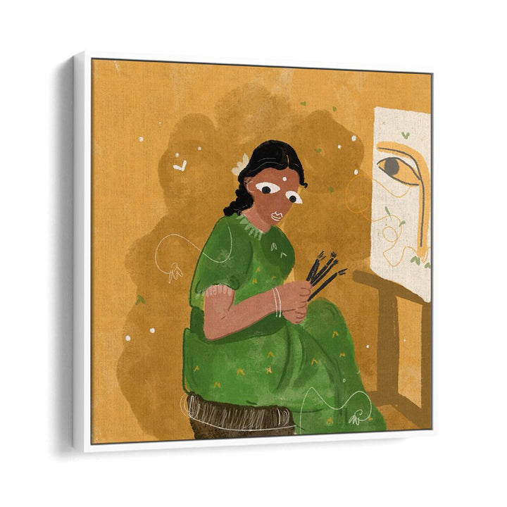 An Artist By Shreya Roy Chowdary, Indian Art Paintings Artwork in White Floater Frame
