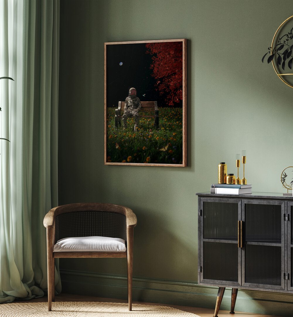 An Interlude By Francis Minoza Astronaut & Nasa Paintings, Space Art Prints Artwork in Oak Wood Plain Frame placed on a Green Wall in the Drawing room