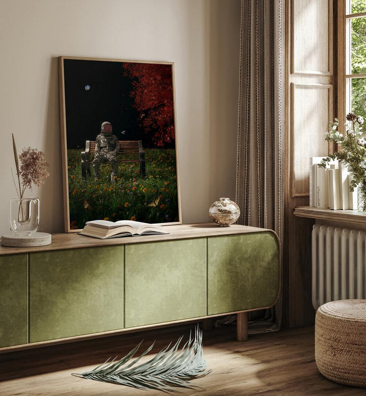 An Interlude By Francis Minoza Astronaut & Nasa Paintings, Space Art Prints Artwork in Oak Wood Plain Frame placed above a Console Table in the Drawing Room

