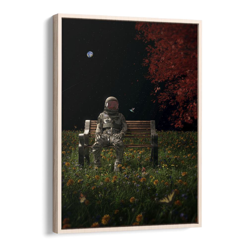 An Interlude By Francis Minoza Astronaut & Nasa Paintings, Space Art Prints Artwork in Oak Wood Floater Frame
