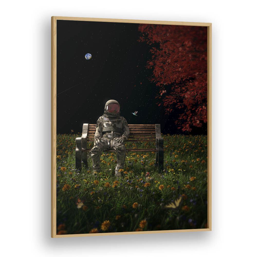 An Interlude By Francis Minoza Astronaut & Nasa Paintings, Space Art Prints Artwork in Oak Wood Plain Frame
