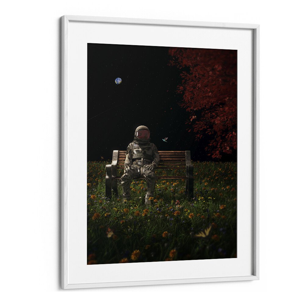 An Interlude By Francis Minoza Astronaut & Nasa Paintings, Space Art Prints Artwork in White Frame With Mount
