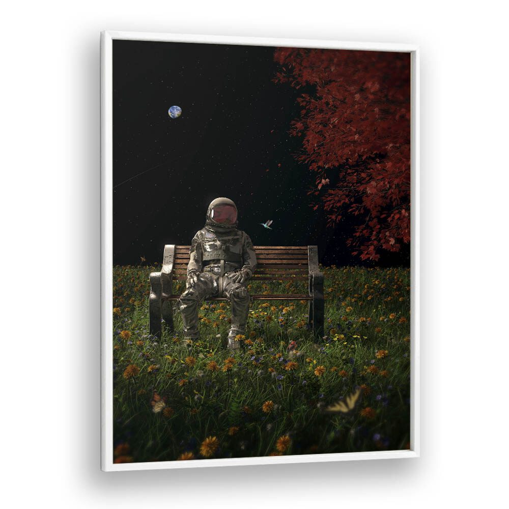 An Interlude By Francis Minoza Astronaut & Nasa Paintings, Space Art Prints Artwork in White Plain Frame
