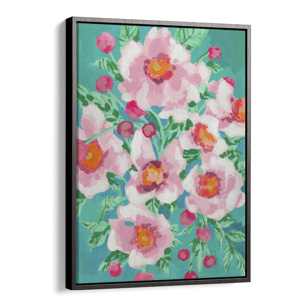 Anemons With Pink Fruits  By Ania Zwara Botanical Flower Paintings Artwork  in Black Floater Frame