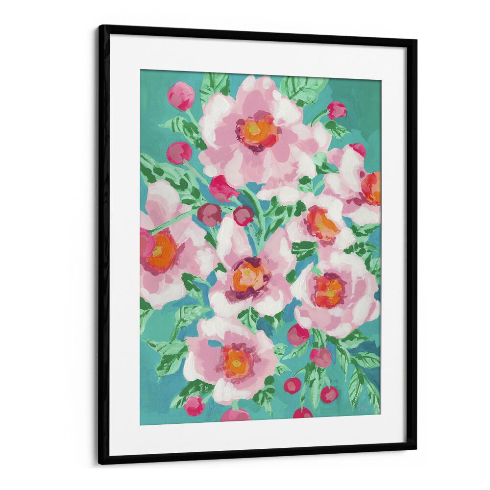 Anemons With Pink Fruits By Ania Zwara Botanical Flower Paintings Artwork  in Black Frame With Mount