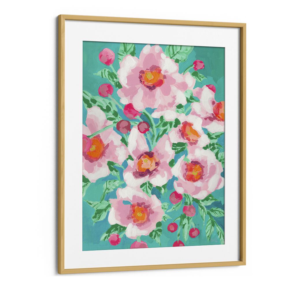 Anemons With Pink Fruits    By Ania Zwara Botanical Flower Paintings Artwork in Oak Wood Frame With Mount