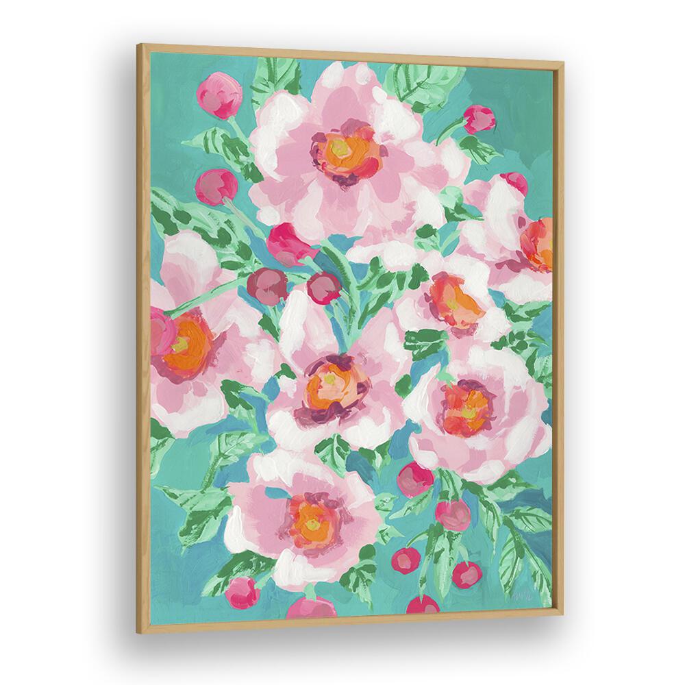 Anemons With Pink Fruits   By Ania Zwara Botanical Flower Paintings Artwork in Oak Wood Plain Frame