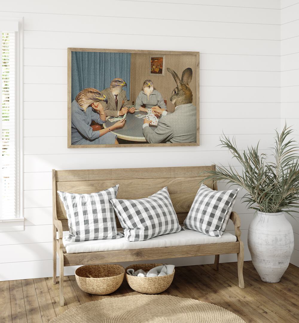 Animal Rummy Surreal Art Painting Artwork in plain oakwood frame behind a sofa on white wall