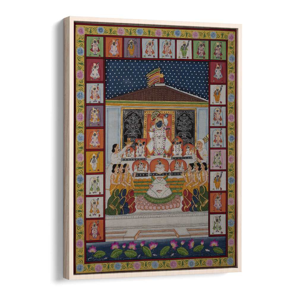 Annakut Pichwai Artwork Indian art painting Artwork in Oak Wood Floater Frame