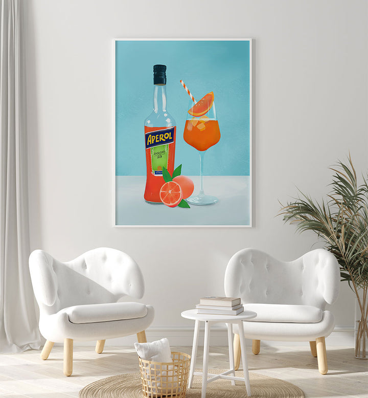 APEROL SPRITZ , BAR art poster featuring Aperol bottle and cocktail glass in a bright cafe setting.
