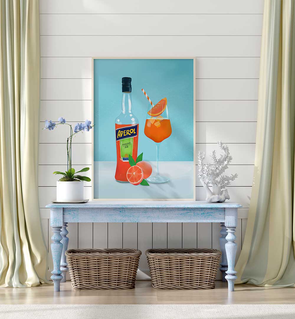 APEROL SPRITZ , BAR art print with Aperol bottle and cocktail glass for cafe decor